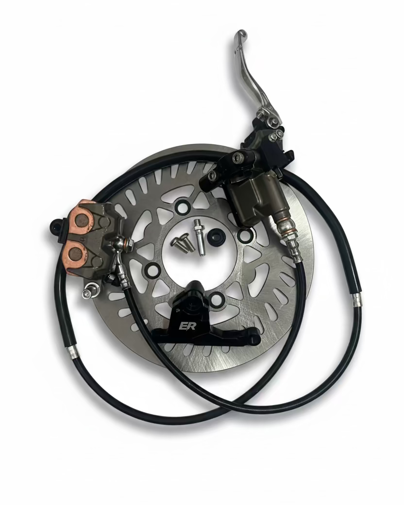 ER Moto ETM RTR front Ultra Bee brake kit — full kit with caliper, rotor, ER mount, lever, and brake line on white background
