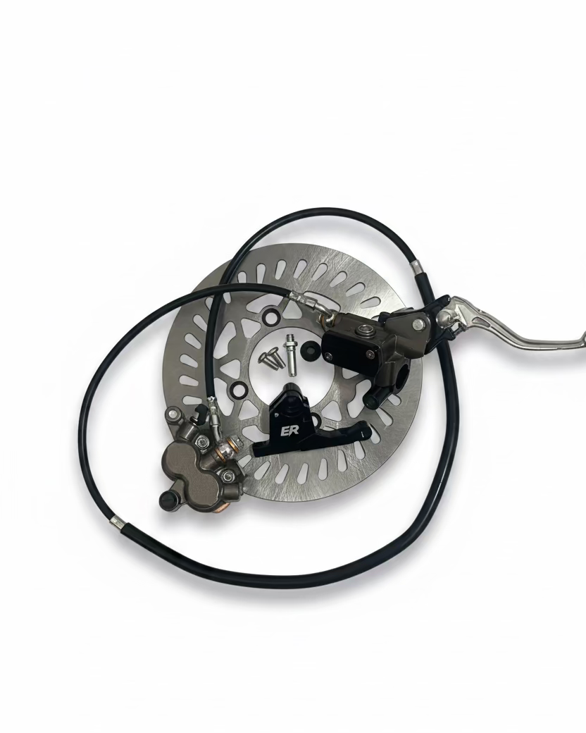 ER Moto ETM RTR front Ultra Bee brake kit — rotor, black ER caliper mount, caliper, and handbrake lever flat lay
