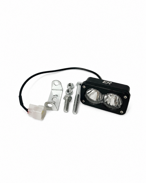 ER Moto Baja-style dual-lens LED light kit for Yozma — white lens, black housing, with mounting hardware