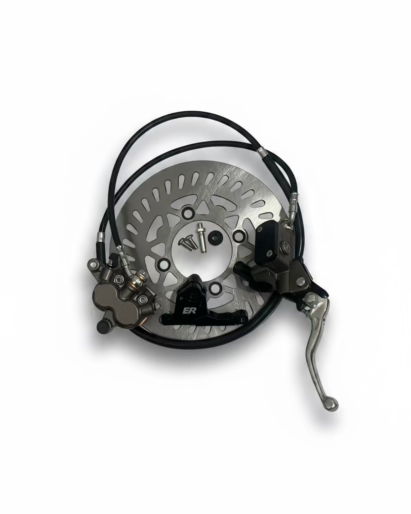 ER Moto ETM RTR front Ultra Bee brake kit — rotor, ER caliper mount, caliper, handbrake lever, and hardware on white background
