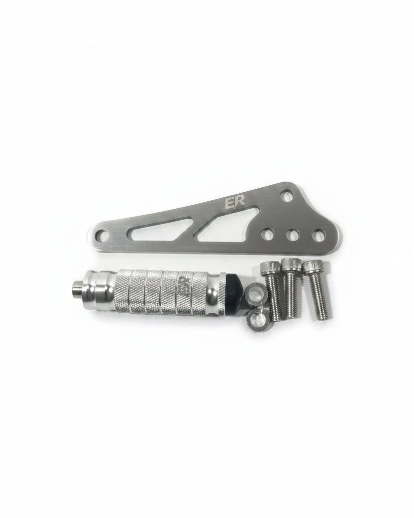 ER Moto Talaria XXX ShiftLock silver — bracket, knurled footpeg, and mounting hardware flat lay
