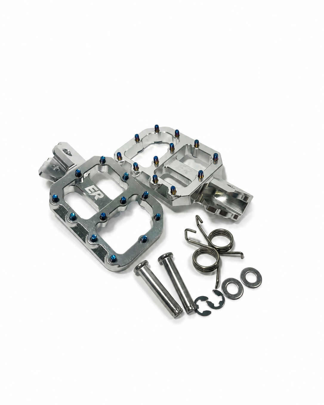 ETM RTR CNC aluminum super-wide footpegs in silver chrome with blue titanium grip screws, ER logo engraving, shown with mounting pins, springs, washers, and clip rings included