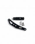 ER Moto Yozma IN 10 ShiftLock black — CNC bracket, knurled footpeg with ER logo, and mounting hardware flat lay