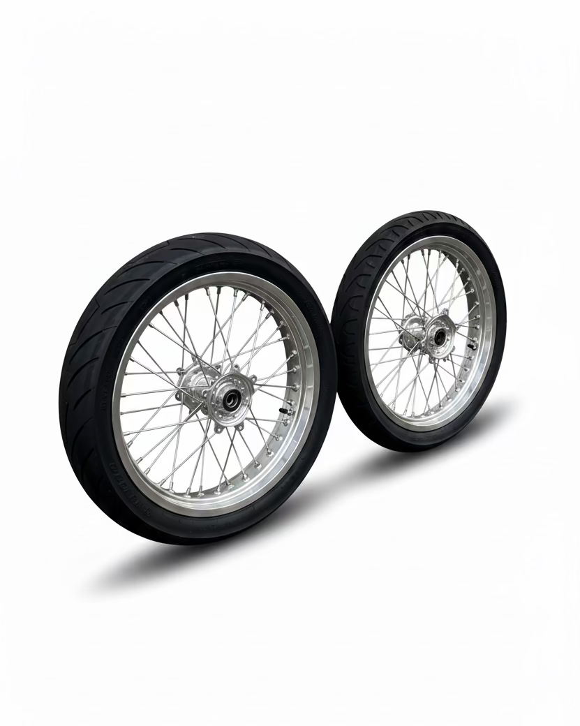Surron Ultra Bee 17" Supermoto front and rear wheel set with CST street tires and tensioned spokes

