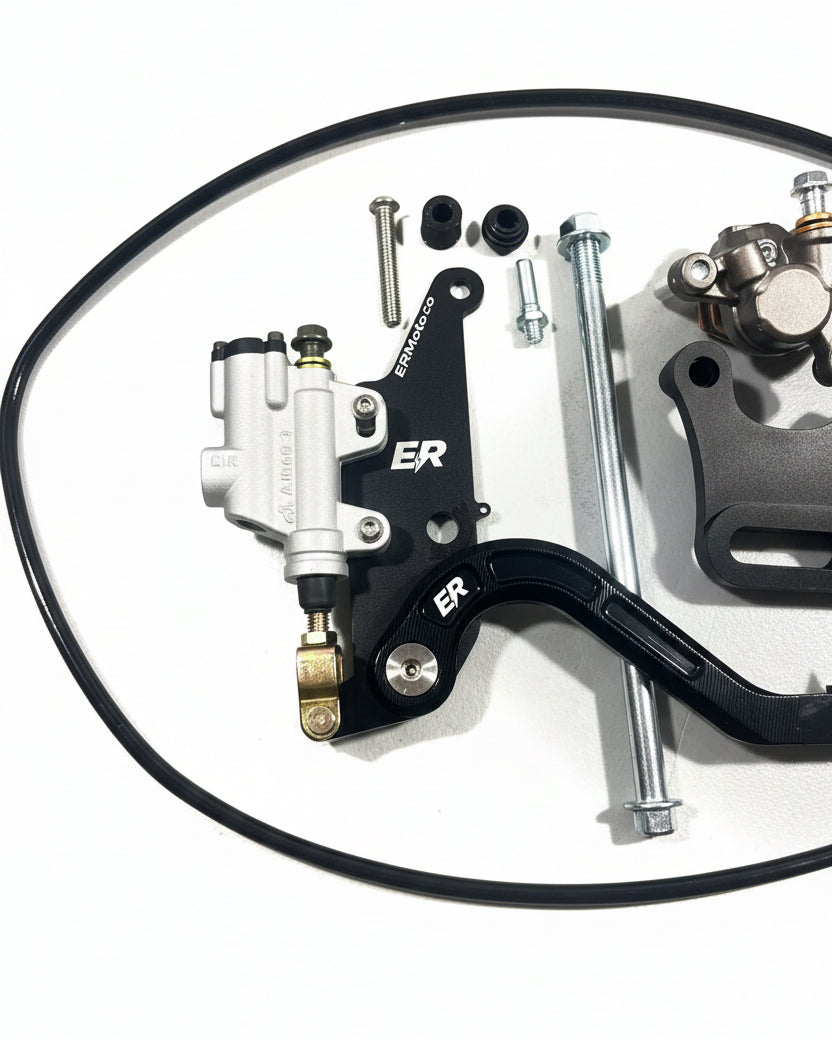 ETM RTR Ultra Bee footbrake lever assembly — ER Moto machined mount, master cylinder, and hardware
