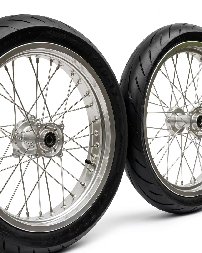 17" Supermoto wheel sidewall and spoke detail for Surron Ultra Bee — 130/70-17 rear and 100/80-17 front