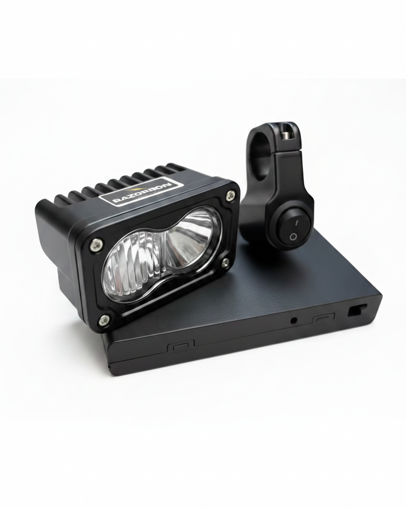 Universal Battery Powered Baja Light Kit — full kit flat lay with light, bracket, battery box, and hardware