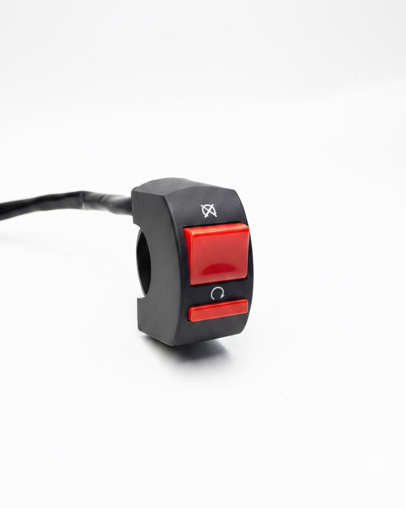 Plastic handlebar switch option — red dual-button clamp for ETM RTR Baja kit
