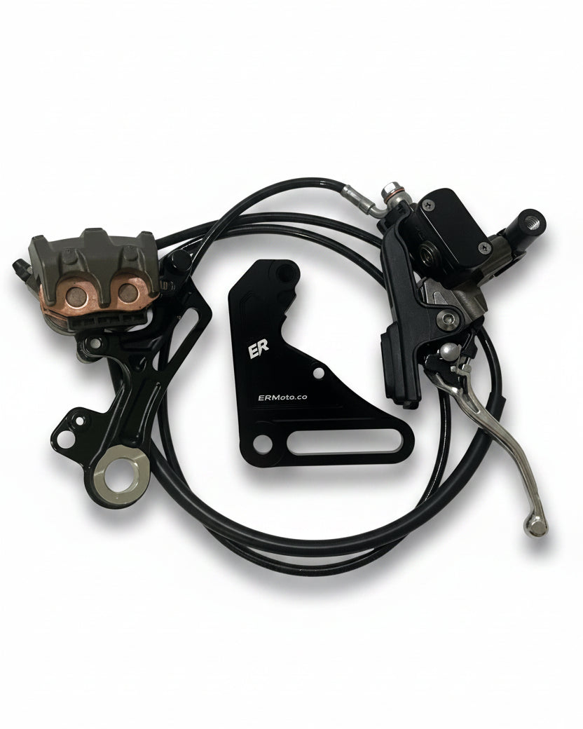 ER Moto Ultra Bee Custom rear brake kit for Tuttio/Yozma — oem caliper with exposed brake pads, master cylinder, ER bracket, and pre-bled brake line