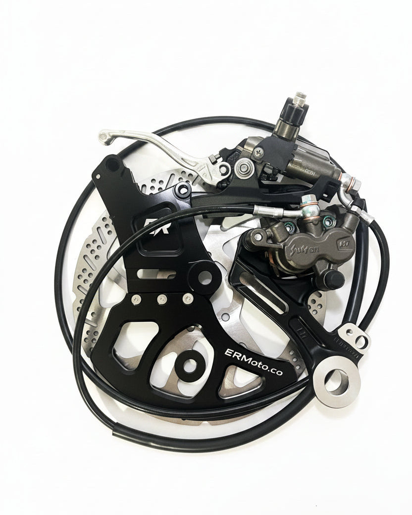 Surron LBX & Talaria Ultra Bee OEM rear brake kit — ER Moto brake mount, 240mm rotor, caliper, and brake line
