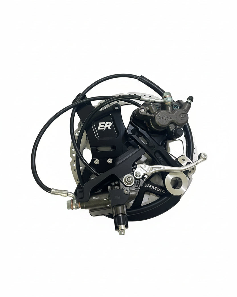 Surron LBX & Talaria OEM Ultra Bee rear brake kit — ER Moto brake mount, 240mm rotor, caliper, and brake line
