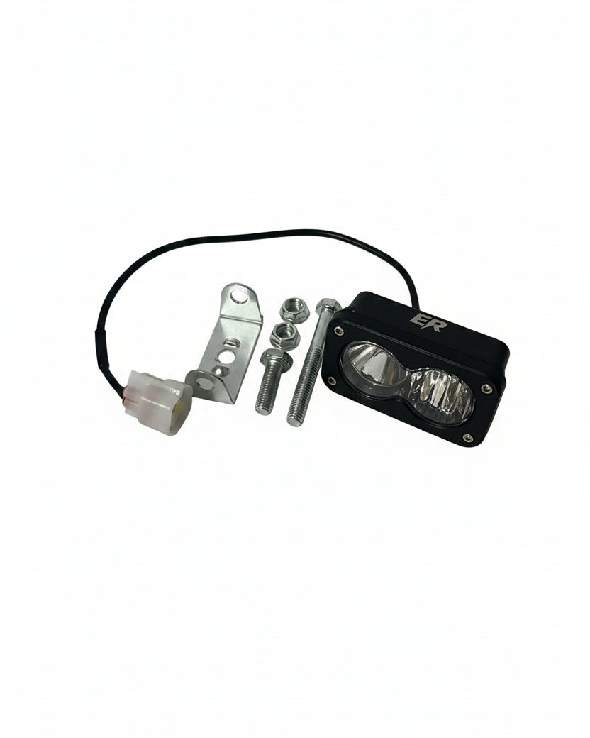 ER Moto Baja-style dual-lens LED light kit for Yozma — white lens, black housing, with mounting hardware