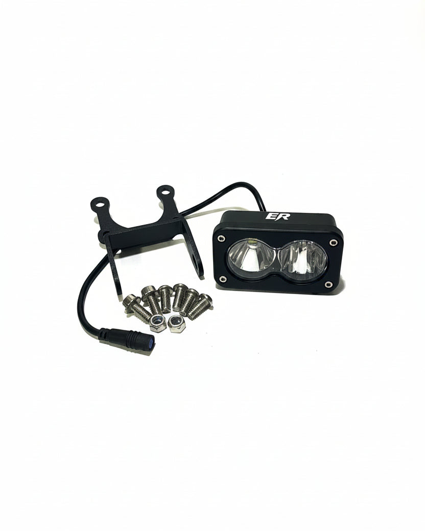 ER Moto Baja-style dual-lens LED light kit for Macfox — white lens, black housing, with mounting hardware