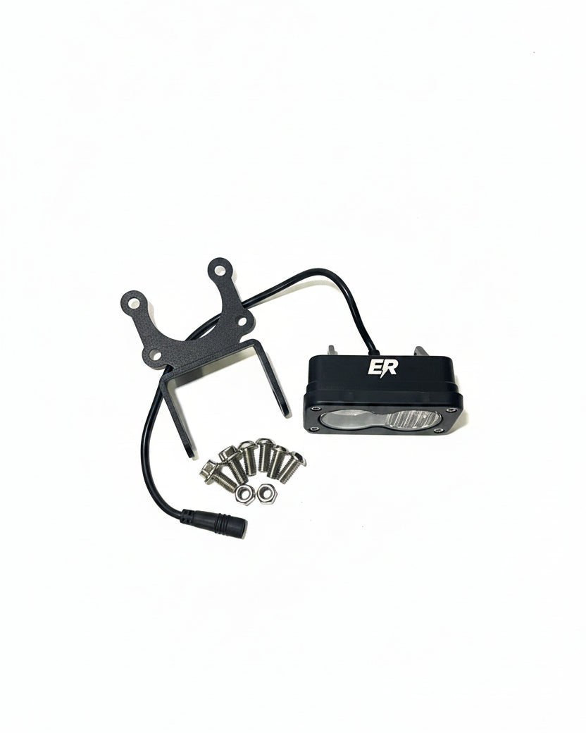ER Moto Baja-style dual-lens LED light kit for Macfox — white lens, black housing, with mounting hardware