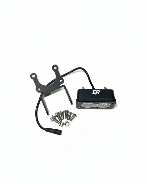ER Moto Baja-style dual-lens LED light kit for Macfox — white lens, black housing, with mounting hardware