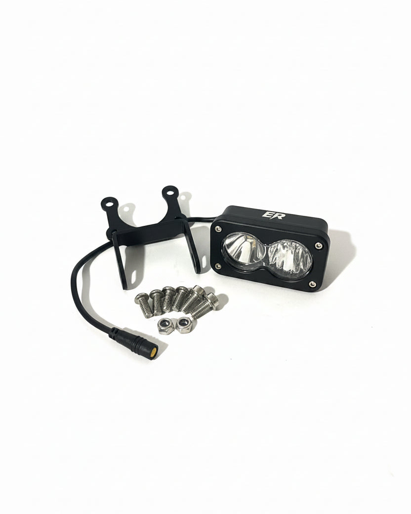 ER Moto Baja-style dual-lens LED light kit for Super 73 — white lens, black housing, with mounting hardware