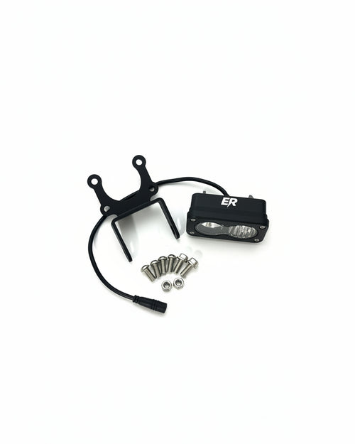 ER Moto Baja LED light kit contents — light, mounting bracket, wiring harness, bolts, and lock nuts