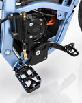 Installed shot: master cylinder, footbrake lever, grippy footpeg, dual caliper mount on blue Yozma frame