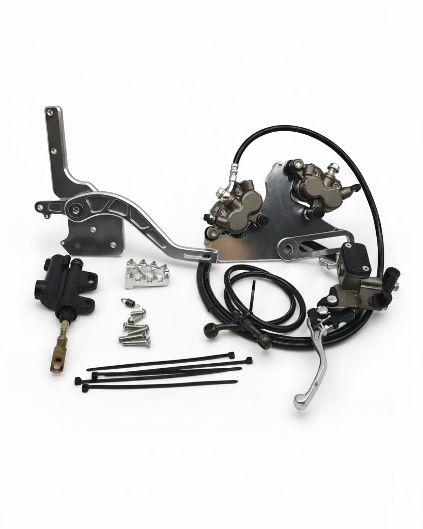 Full kit flat lay: all components including handbrake, lines, hardware